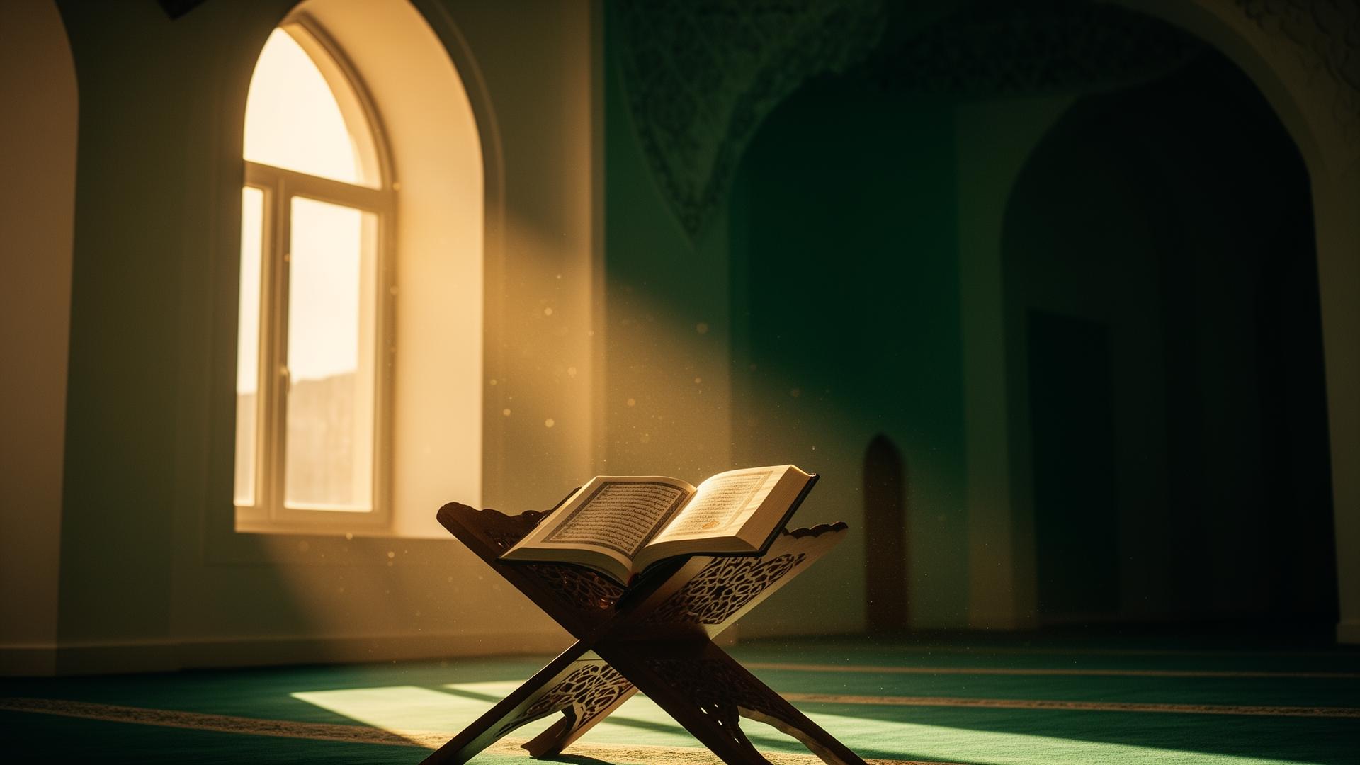 Light through an arched window onto an open Quran